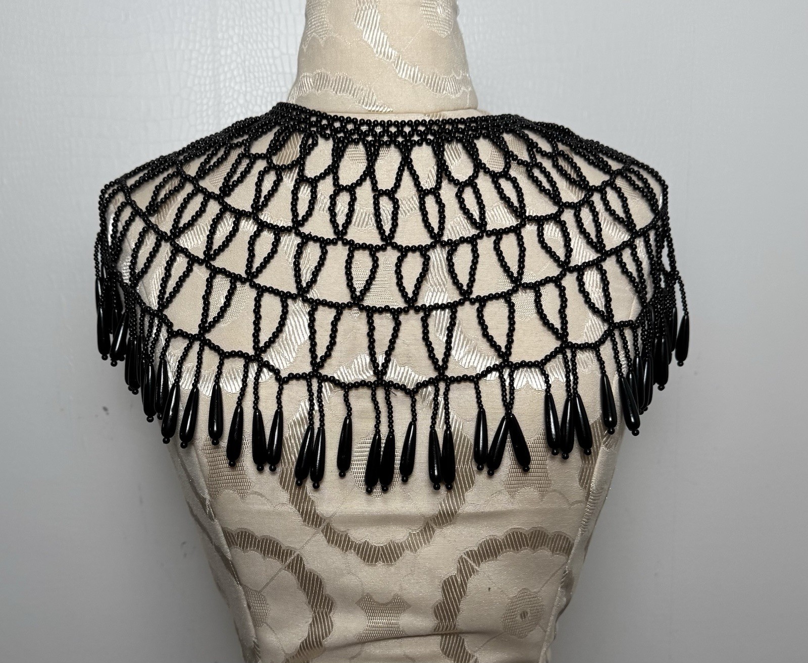 Vintage Black Beaded Collar Necklace Fringe Bib Capelet Statement Festival