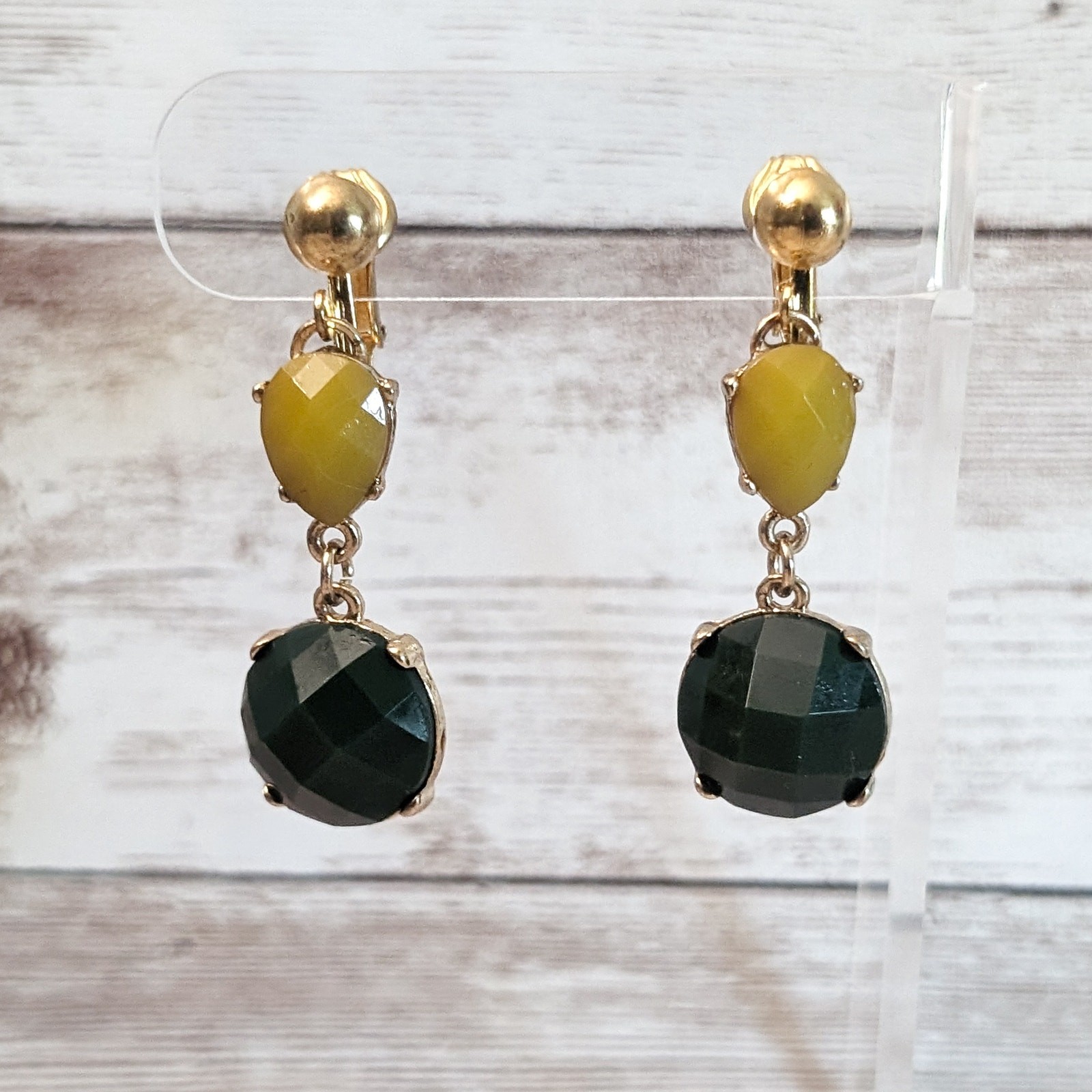 Vintage Clip On Earrings Dark Green and Dusky Yellow