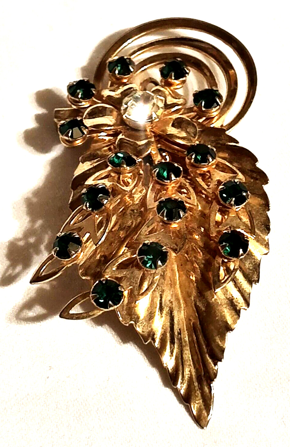 Green Stone Leaves Art Nouveau Brooch Flower VTG Estate 1930’s-1950’s