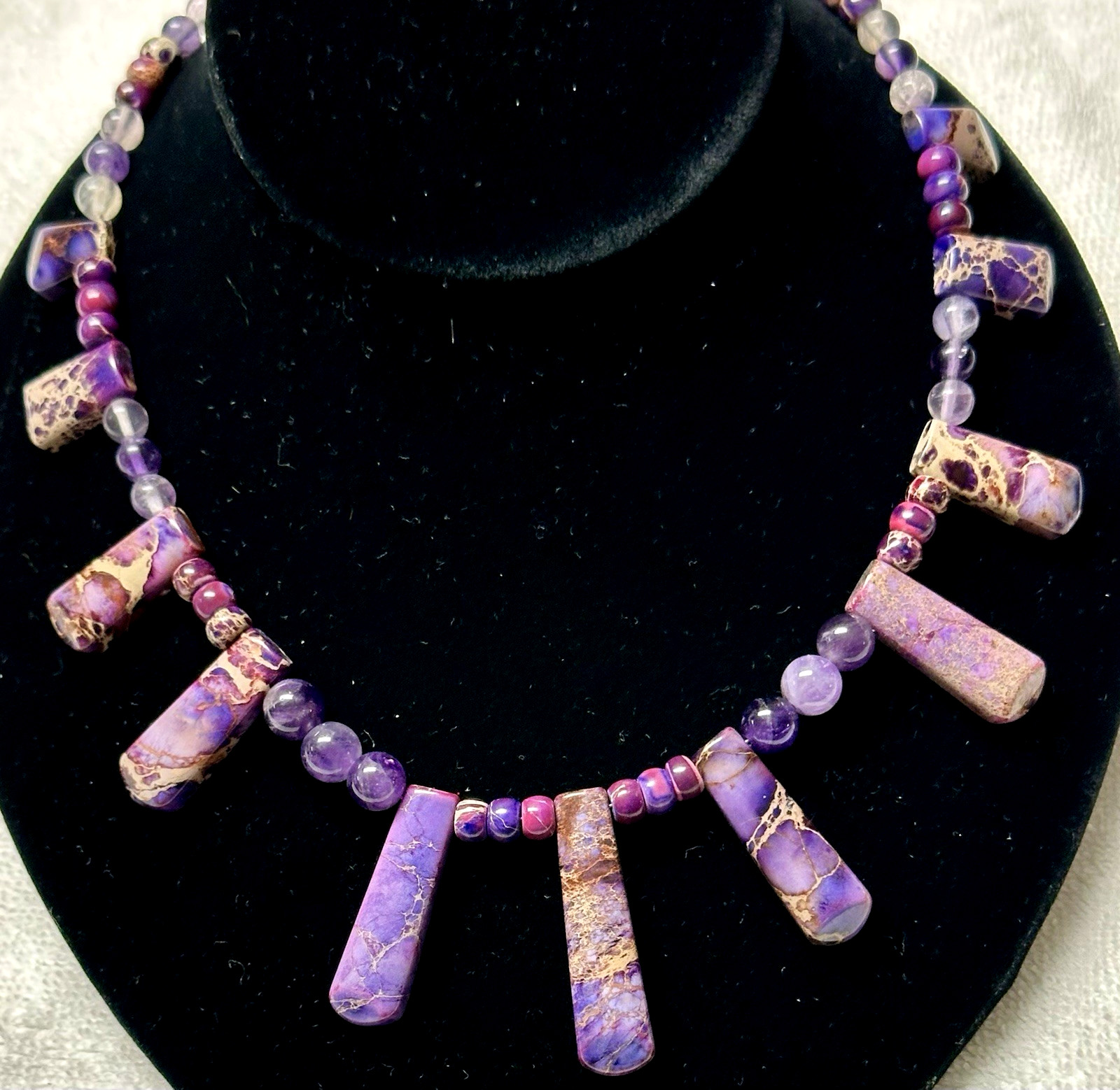 Glass Purple Blue Stone Bead Fringe Bib Necklace n0179
