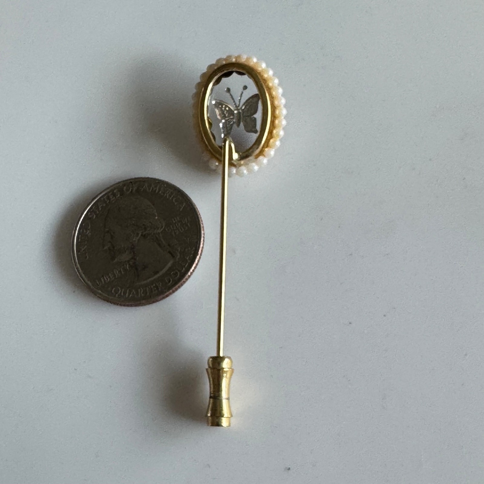 Vtg Reverse Carved Iridescent Blue Butterfly Pearl Edge Oval Stick Pin Jewelry