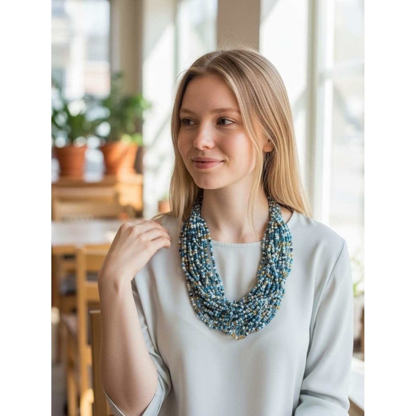 Vintage Blue White Gold Multi Strand Seed Bead Necklace Boho Statement Unsigned