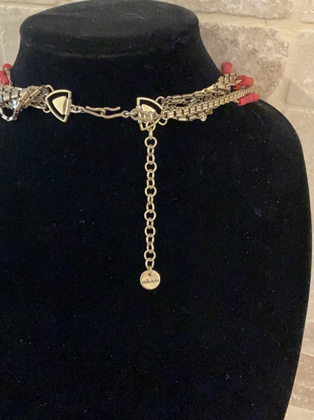 Stella & Dot Bliss Convertible Red, Antique Gold Tone Statement Necklace- GUC!
