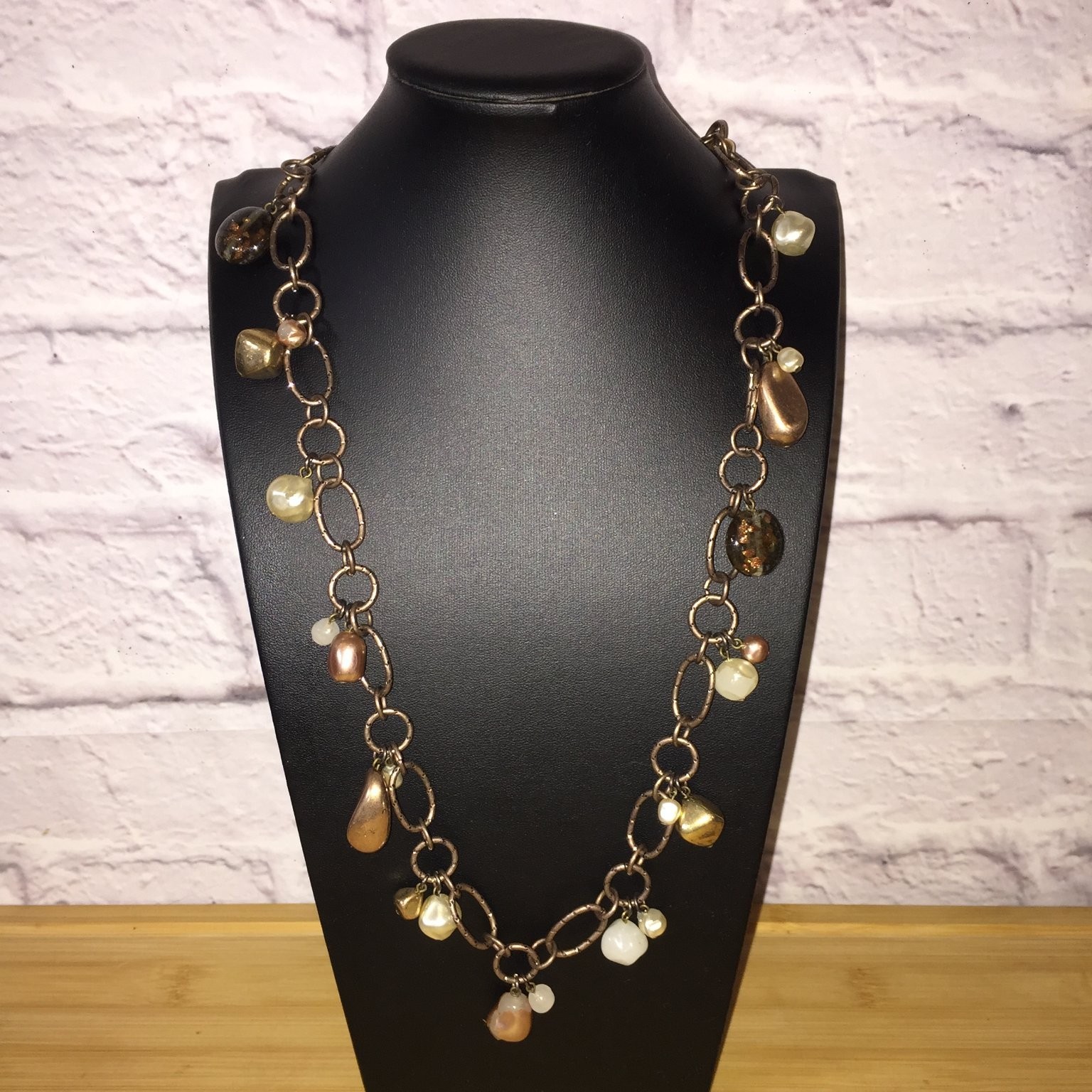 Chico’s Station Charm Necklace Bronze Tone Acrylic Beaded Long Statement
