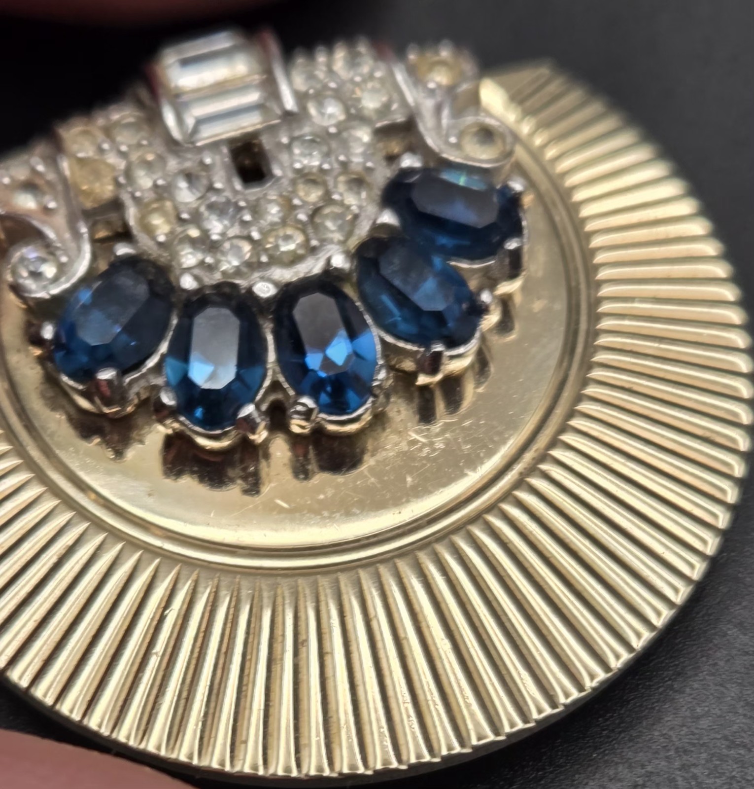 Vintage Signed CIRO Art Deco Dress Clip Brooch Blue Sapphire Rhinestone Ribbed