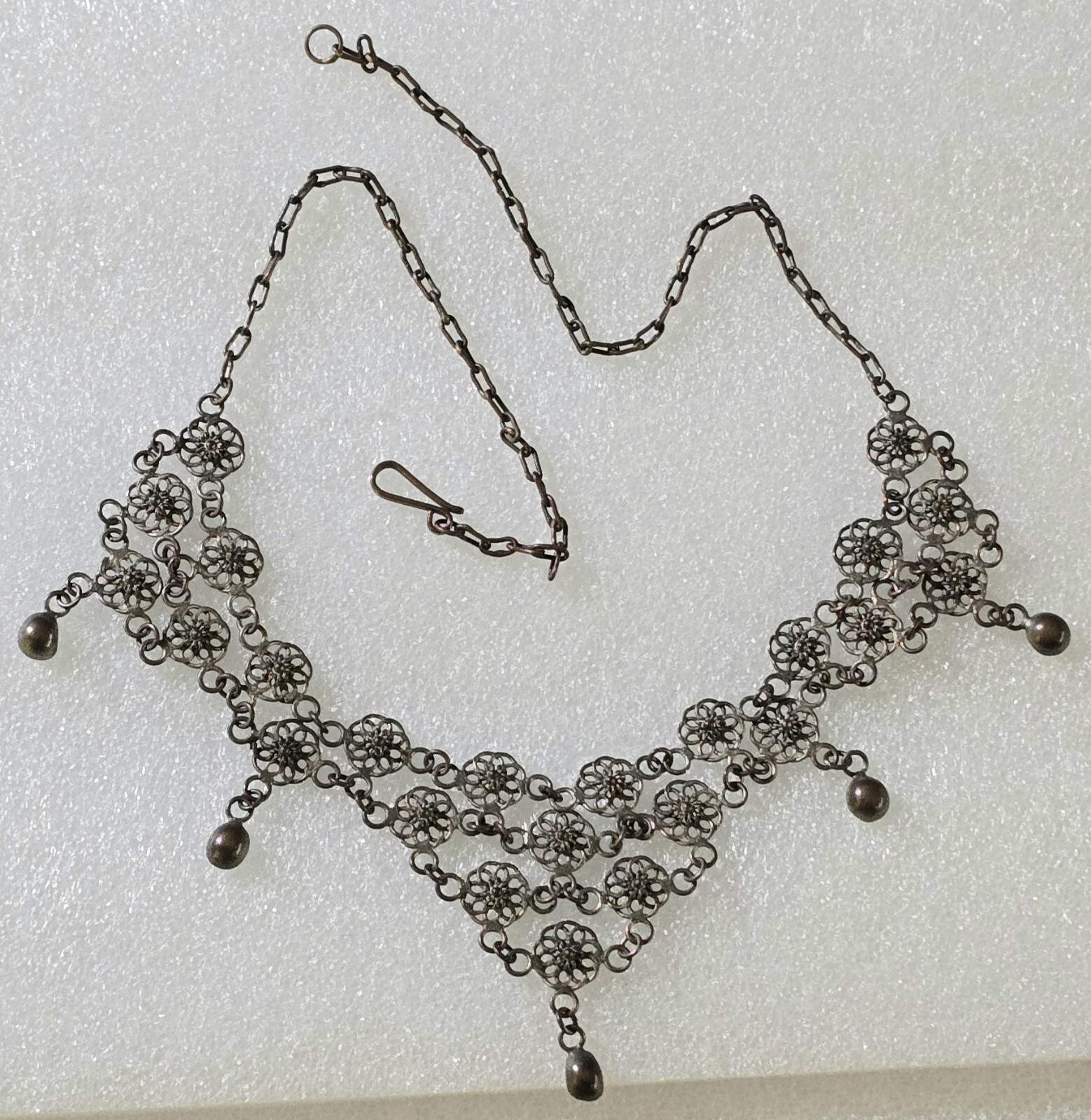 Vintage Etruscan Chain Mail Dangle Necklace & Cannetille Drop Pierced Earrings