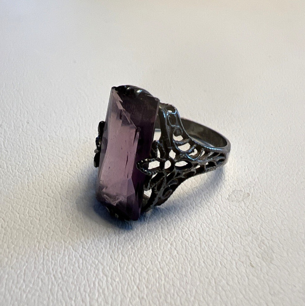 Vintage Sterling Silver Art Deco Style Emerald Cut Amethyst Ring Size 4.25