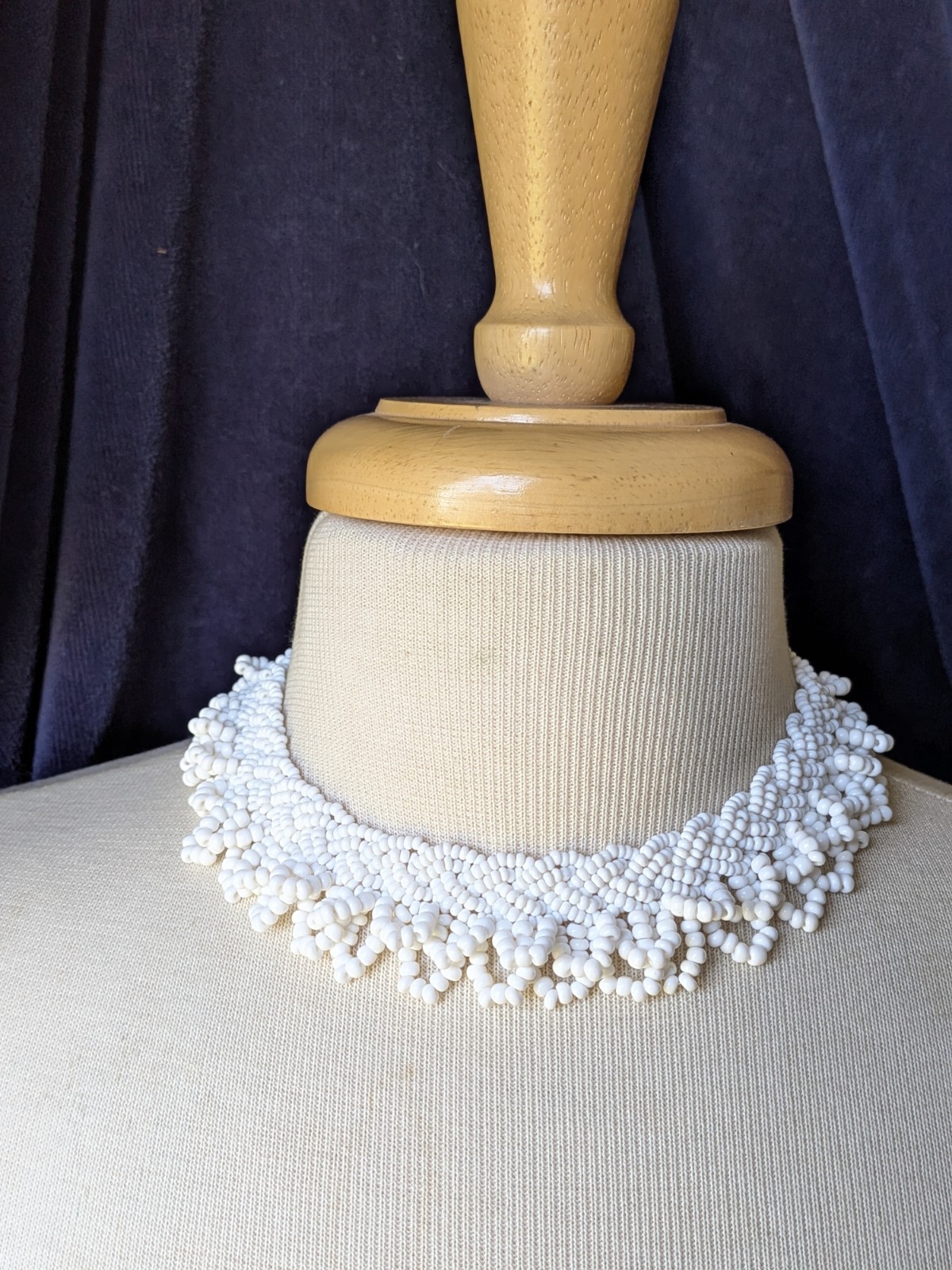Vtg Japan MCM White Braided Seed Bead Scallop Fringe Collar 15″ Necklace AS IS