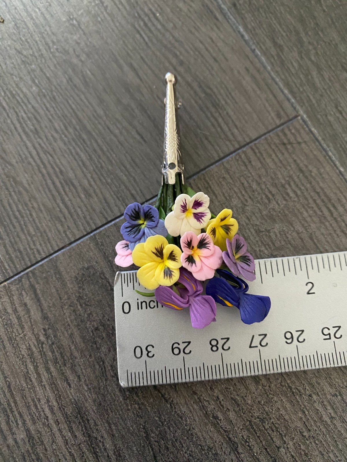 Vintage Celluloid/Hard Plastic Pansy & Iris Bouquet in Vase Flower Brooch Pin