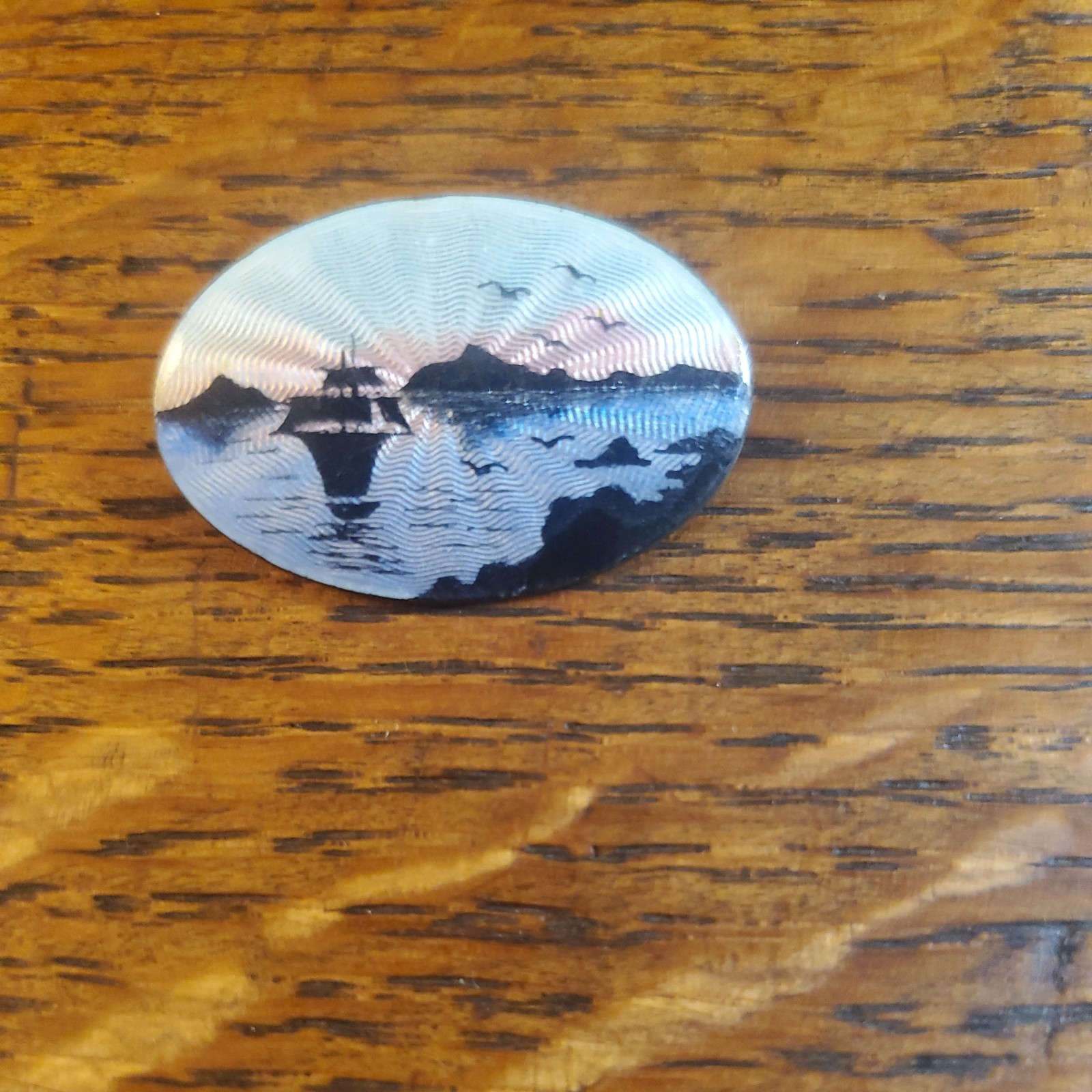 VTGNorway~Denmark~ sterling silver “guilloche enamel”~Viking Ship~sunrise pin~