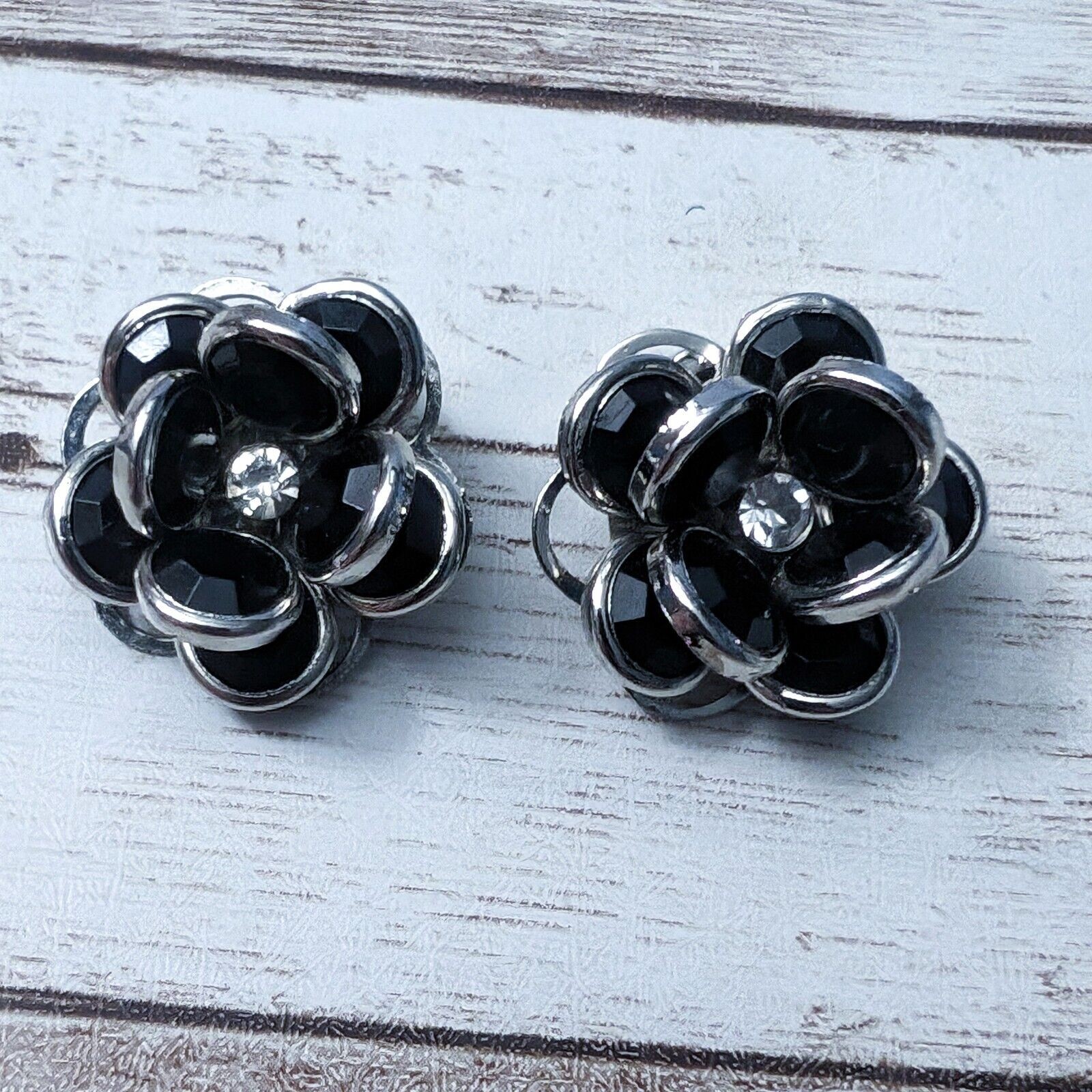 Vintage Clip On Earrings – Black & Silver Tone Flower with Clear Gem
