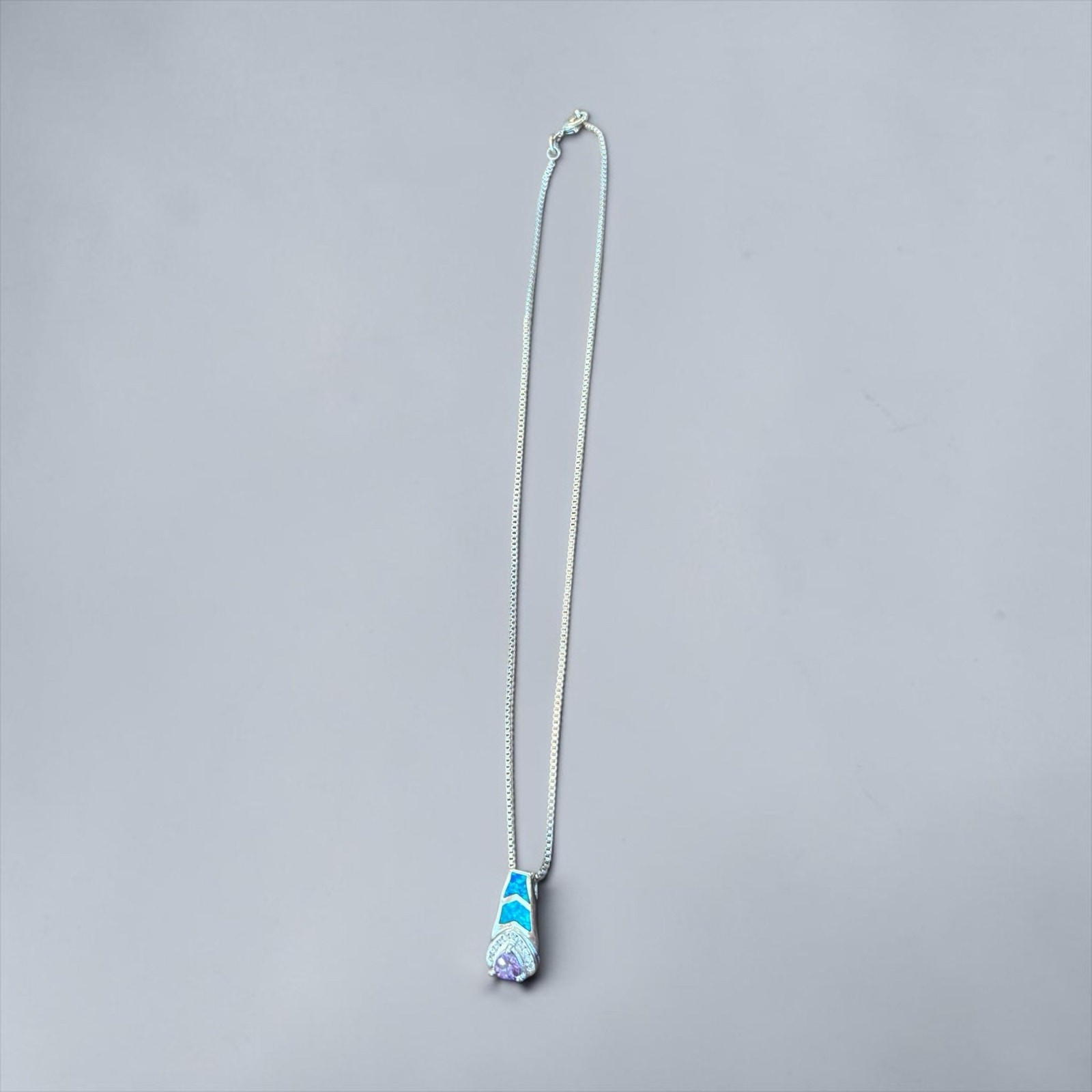 925 Silver Blue Opal Chevron Necklace Purple Teardrop Art Deco Glam