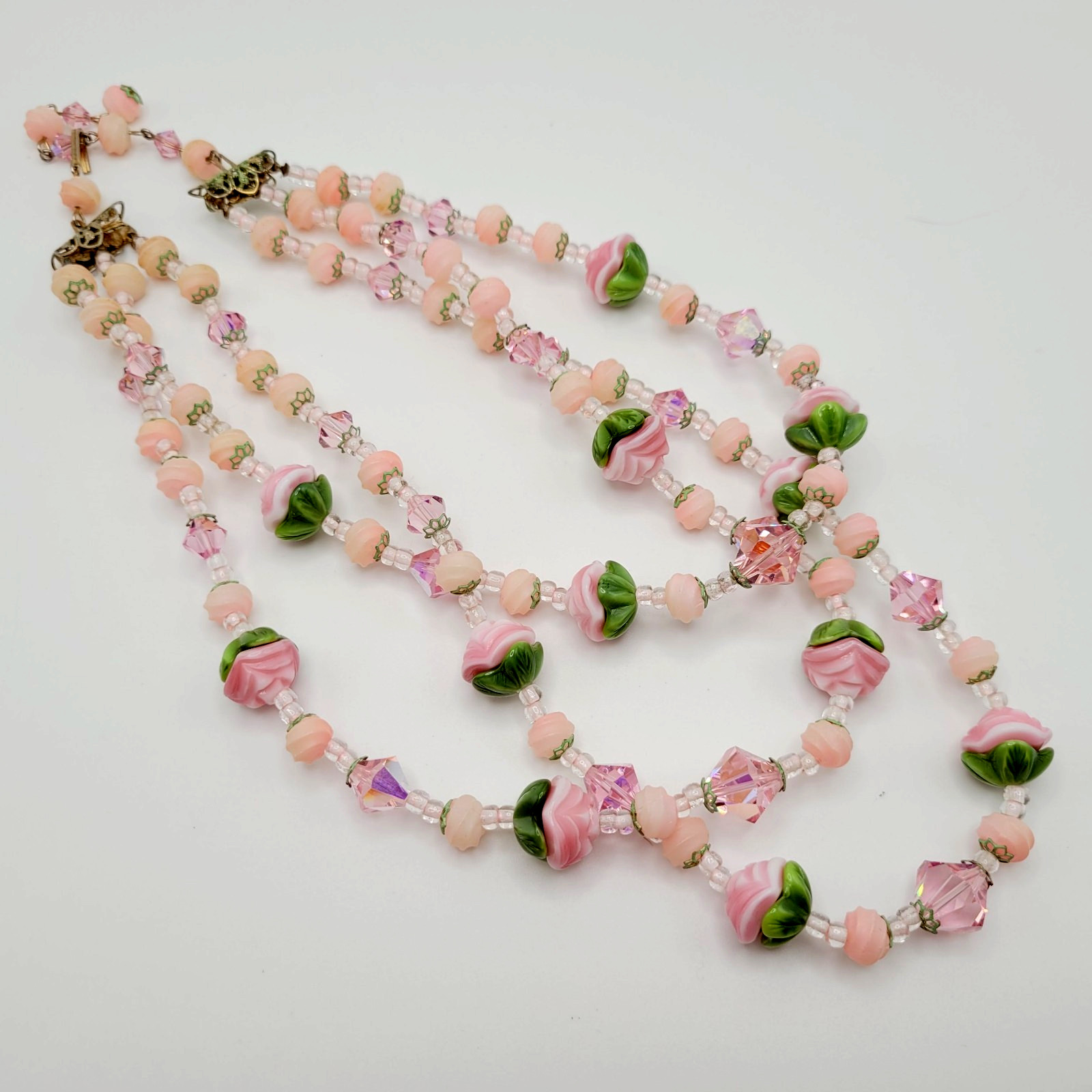 Triple Strand Glass Pink Rosette Green Bottom Rosebuds Bicone Crystal Necklace