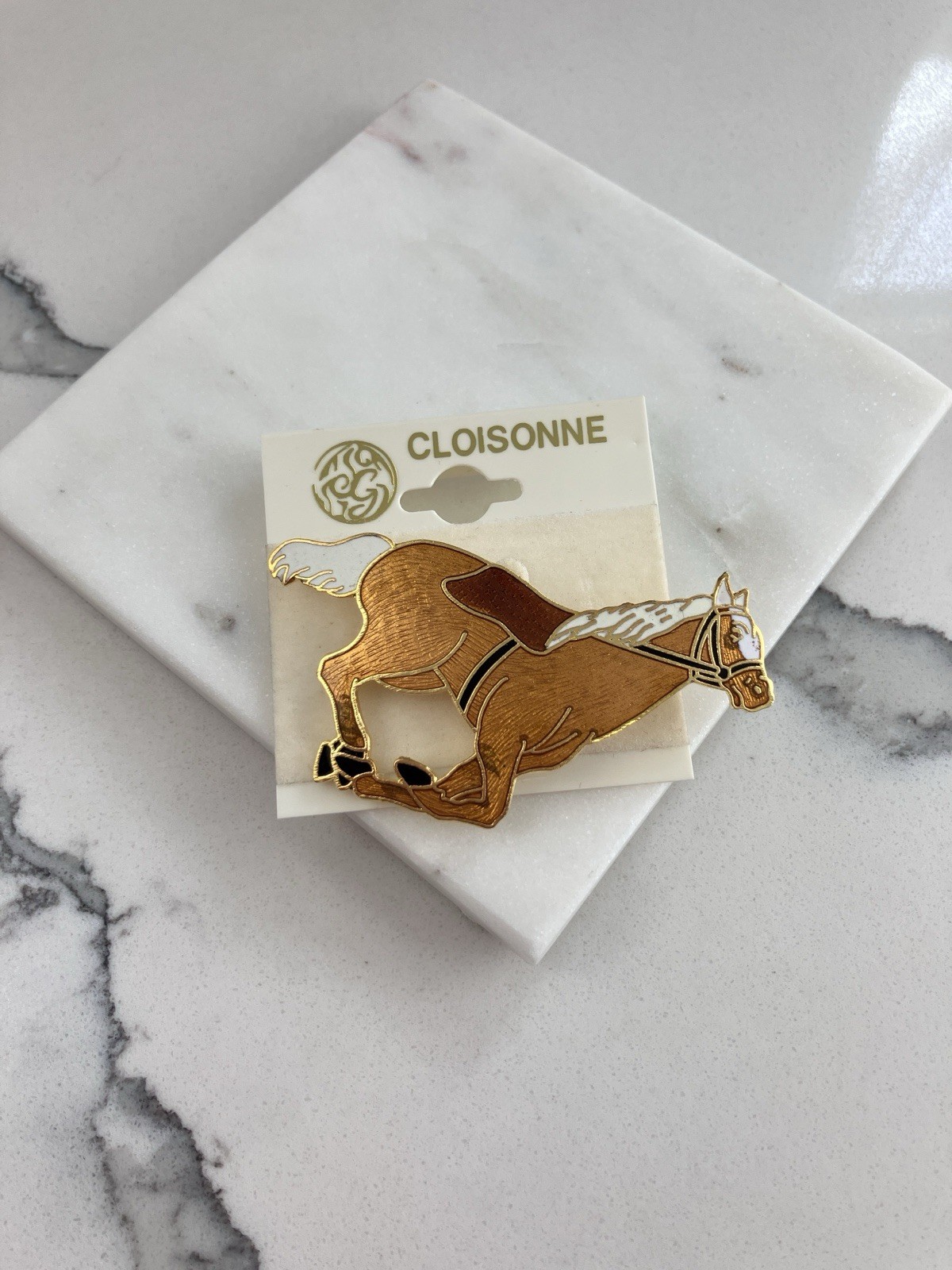 Vintage Cloisonné Gold Tone Brown Enamel Running Horse Brooch Pin