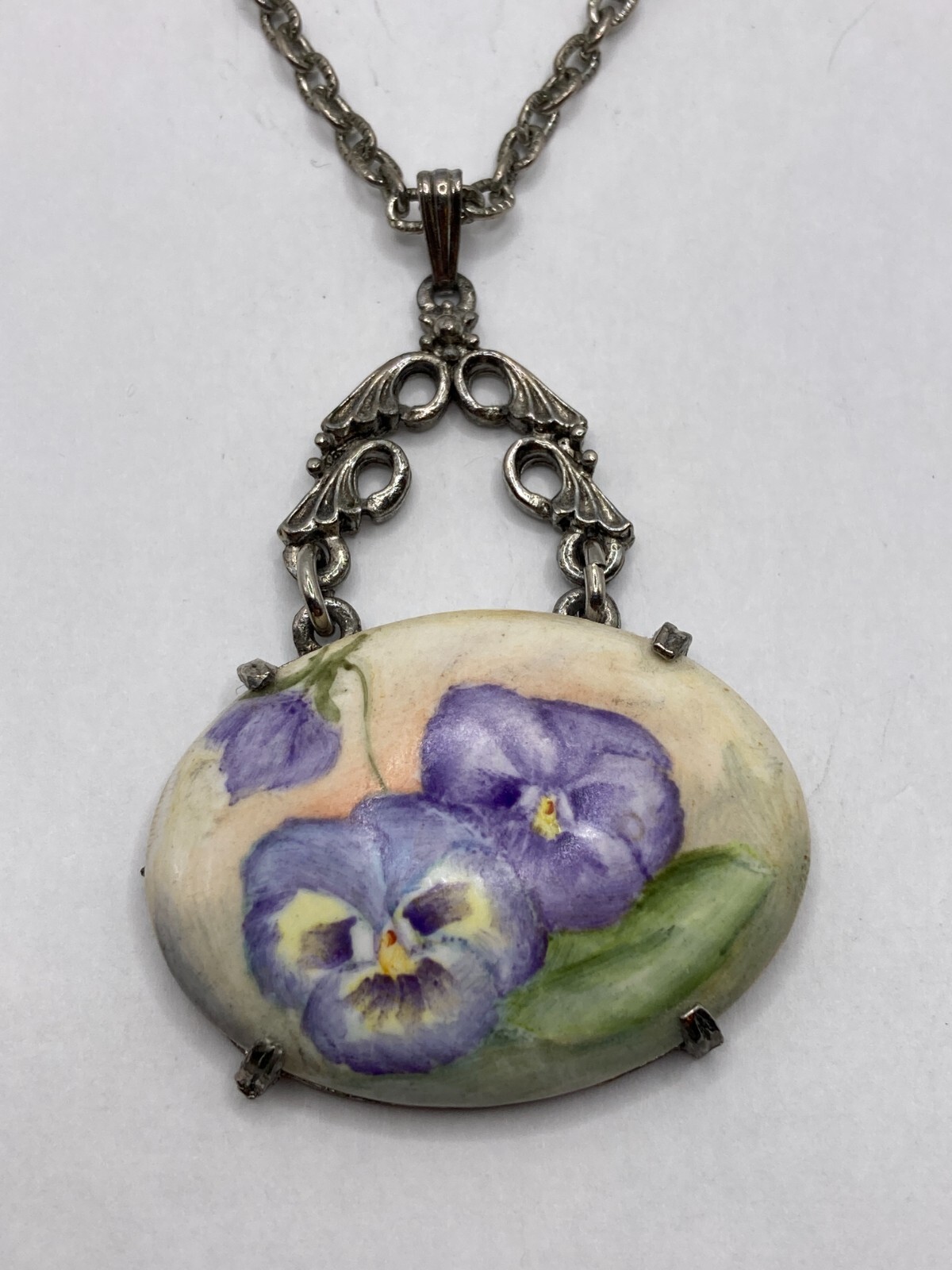 Vintage Purple Orchid Watercolor-Style Pendant on Silvertone Necklace