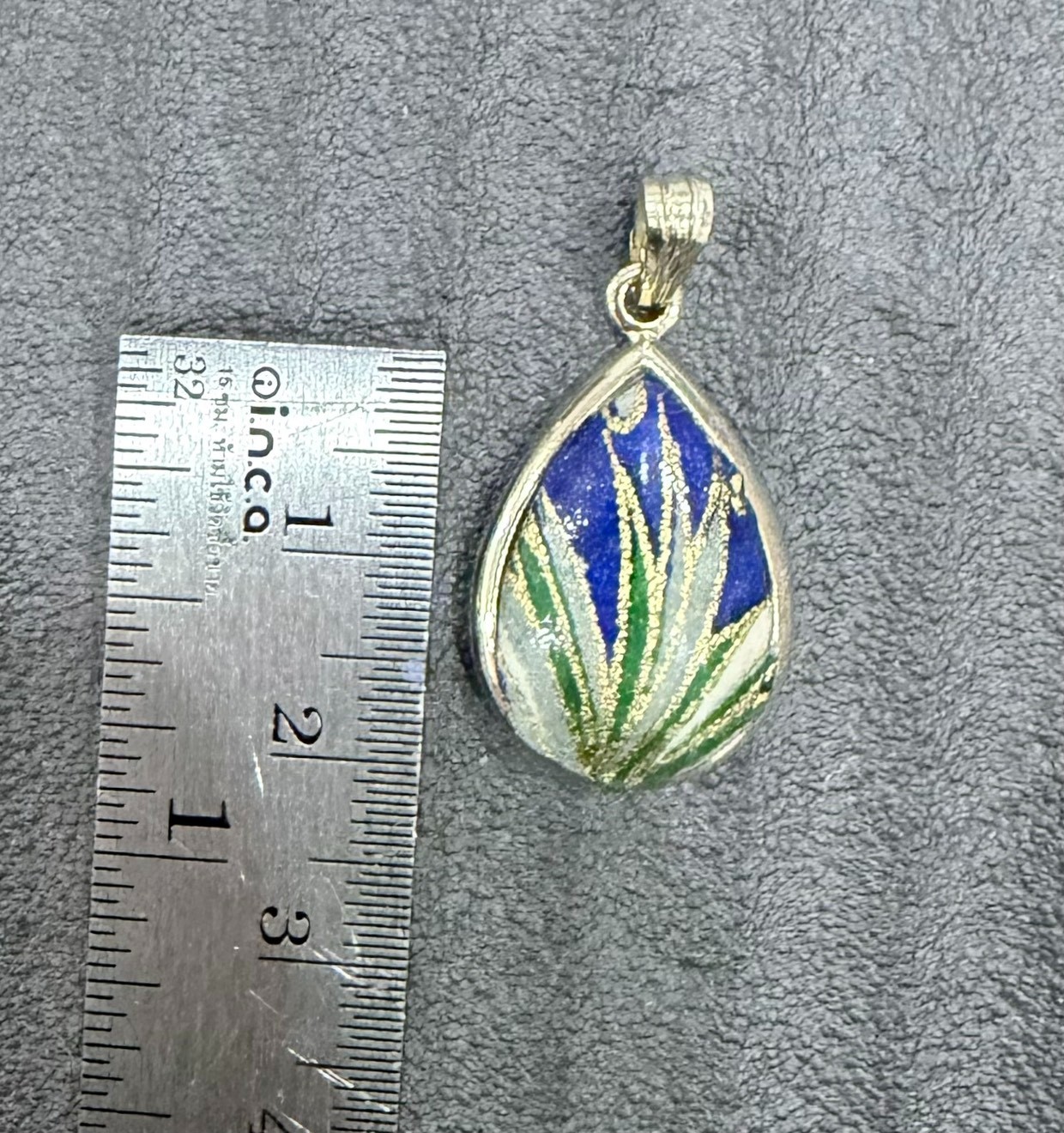Vintage Enamel Floral Teardrop Pendant Blue Green White Silver Tone Necklace Cha