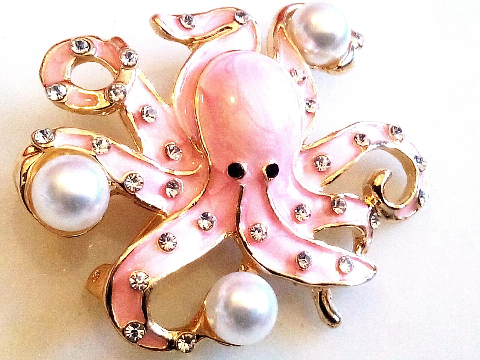ENAMELED OCTOPUS BROOCH/PENDANT! Pink Enameled, Clear Crystals, Imitation Pearls