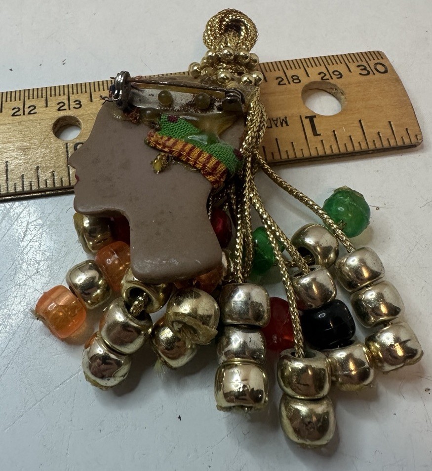 Vintage Figural Lady Head Brooch Green Red Gold Beaded Hair Unique Art Pin