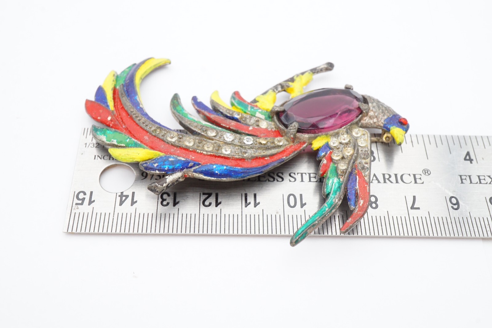 Vintage Brooch Pin Silver Tone Purple Rhinestone Enamel Peacock