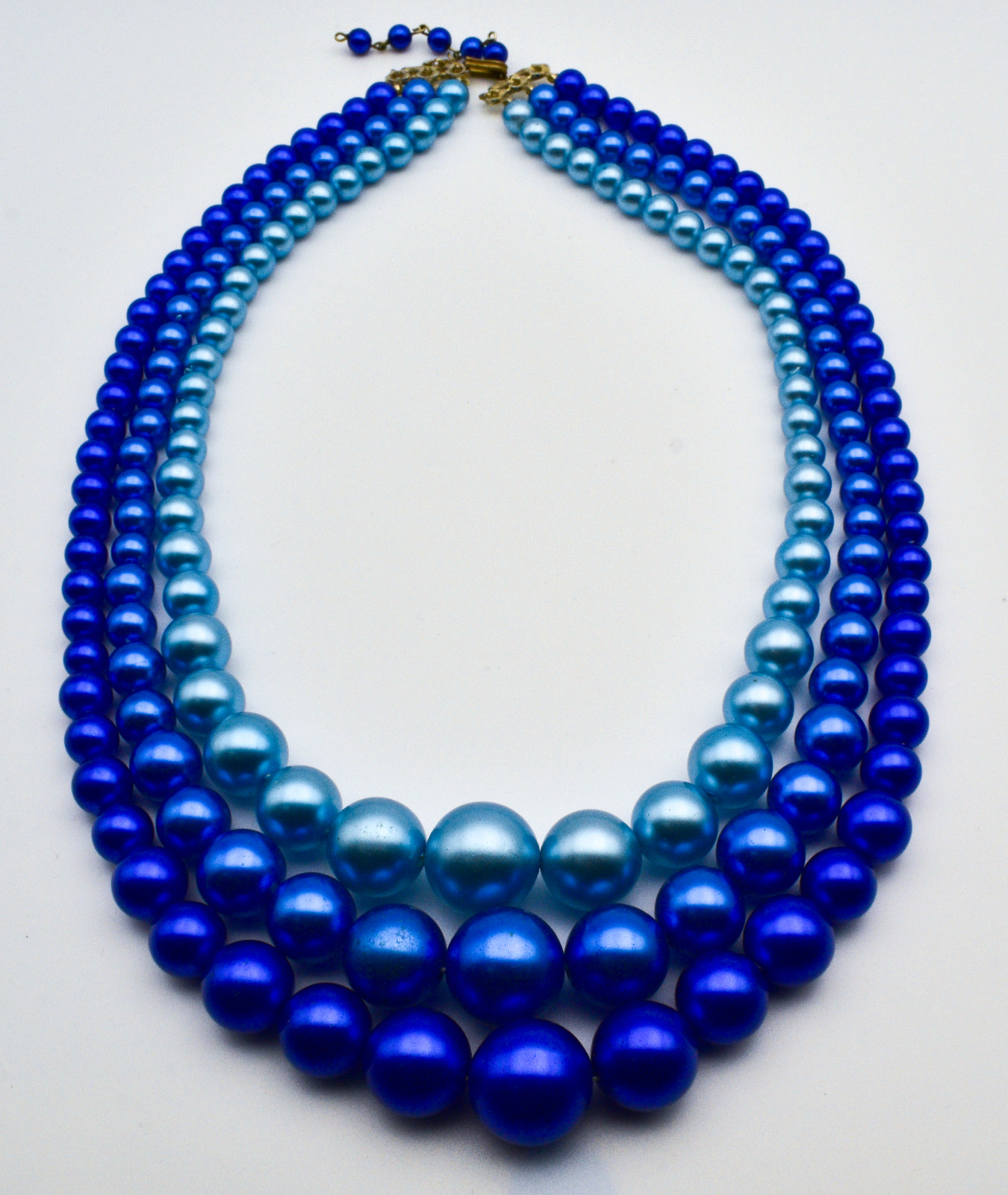 Blue 3 Strand Graduated Faux Pearl Necklace And Clip On Earrings Set Japan