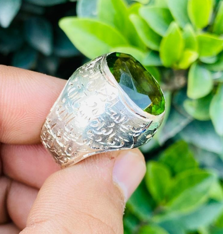 Very Big Peridot Stone Ring Big Vivid Green Peridot For Men Engraved Ring Silver