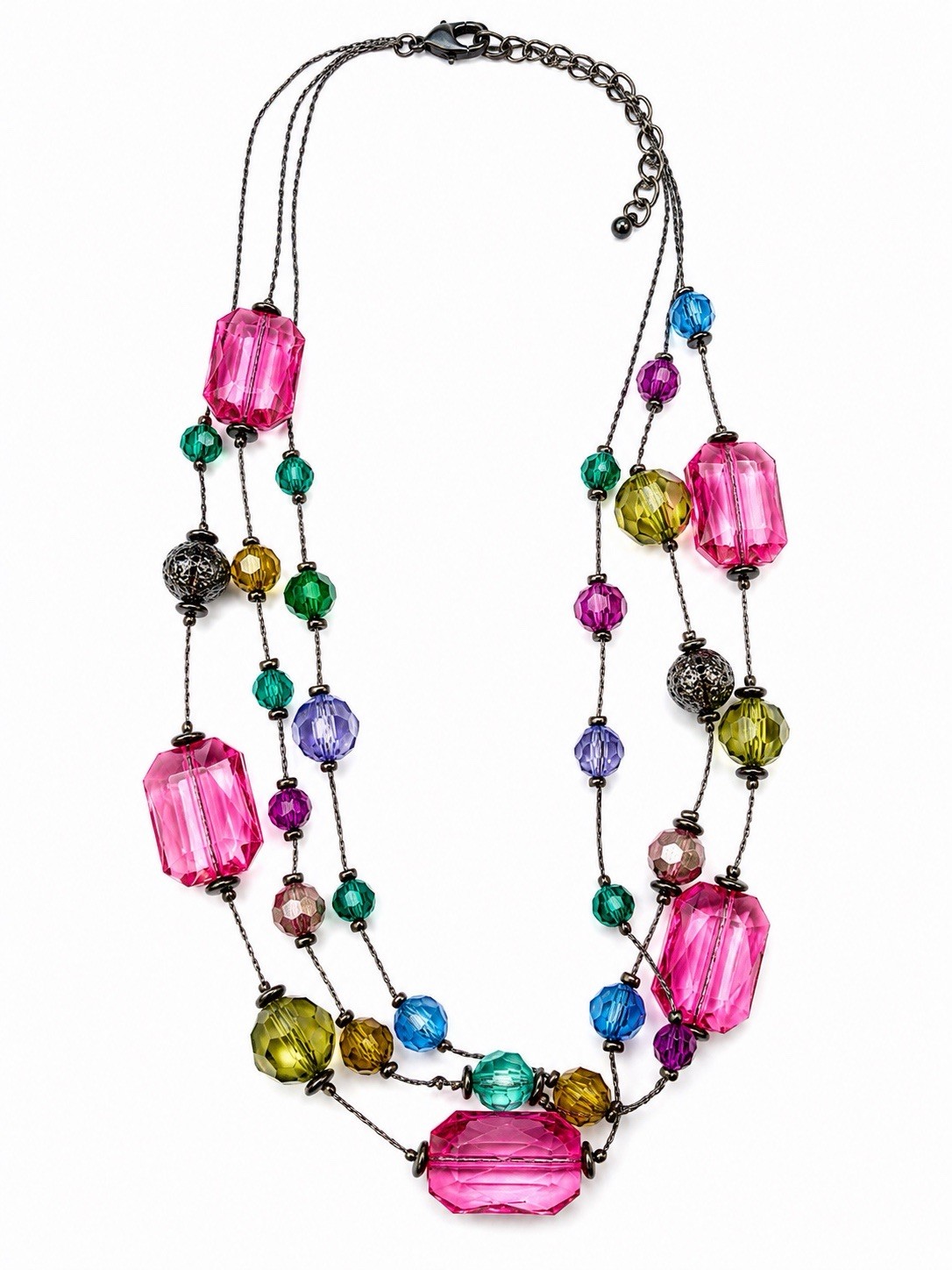 Vintage Colorful Layered Beaded Necklace Pink Acrylic Statement Gunmetal Y2K