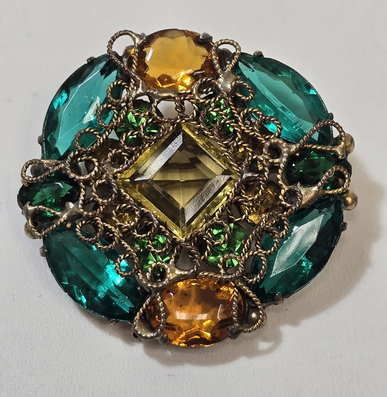 Vintage Fashioncraft Robert Brass Filigree Green Yellow Rhinestone Brooch