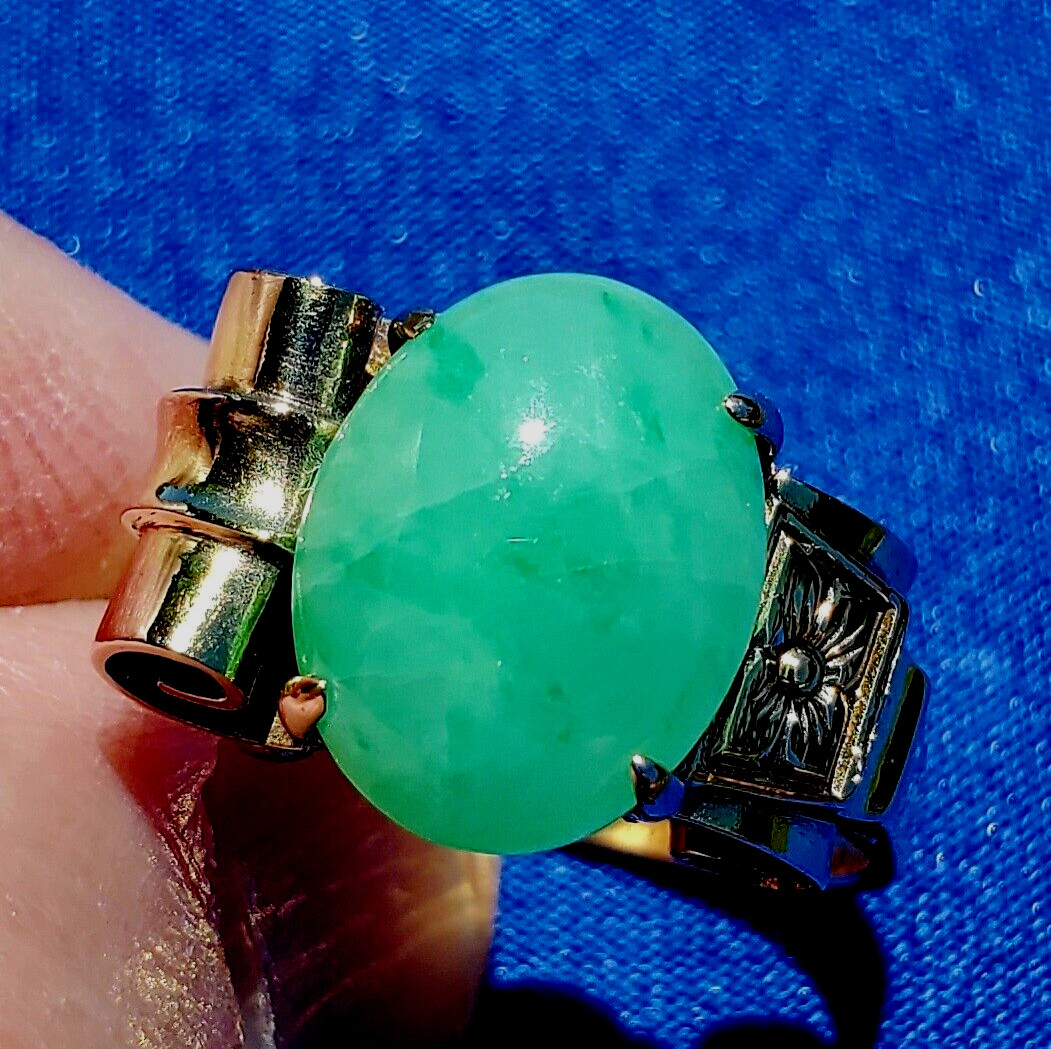 Original EARTH MINED Green Jadeite Jade Antique Engagement Ring SOLID 14K GOLD 8