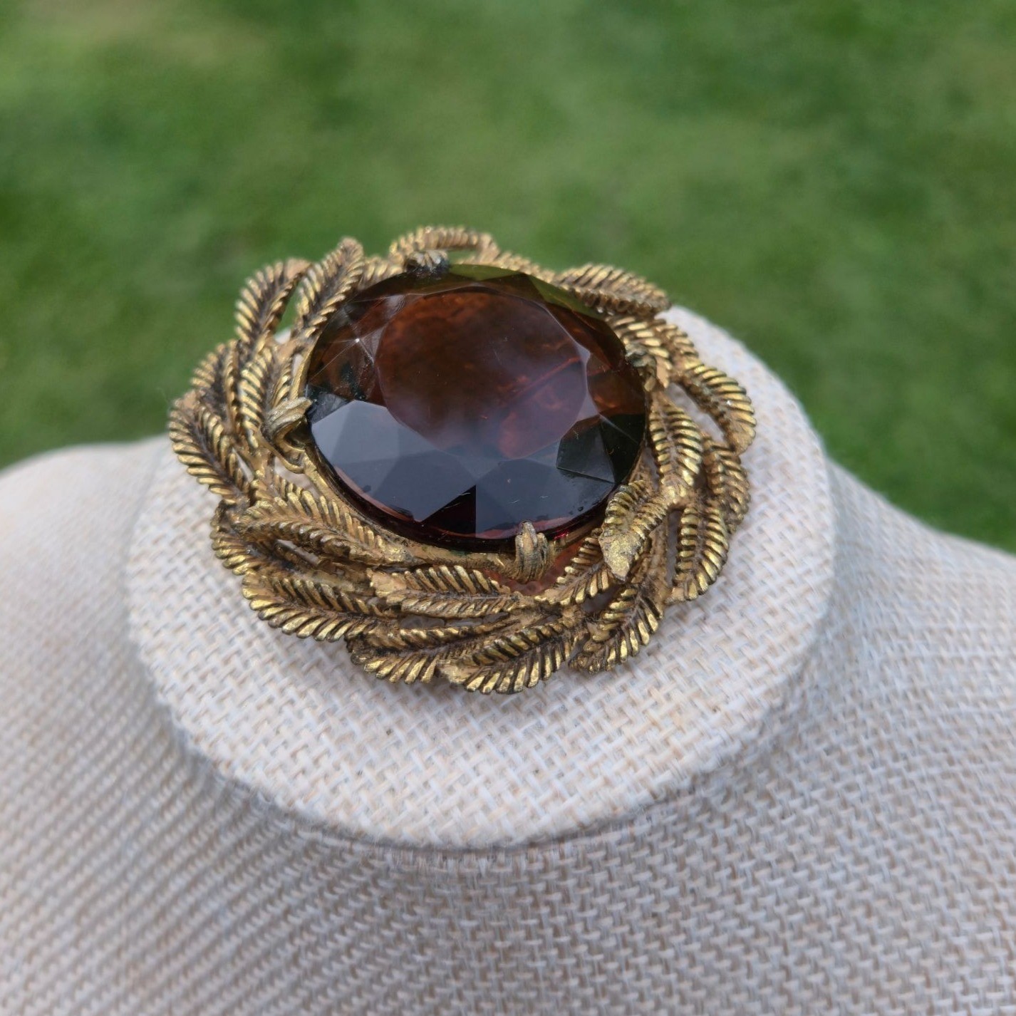 Vintage Amber Glass Brooch Gold Tone Botanical Fern Statement Pin boho Jewelry