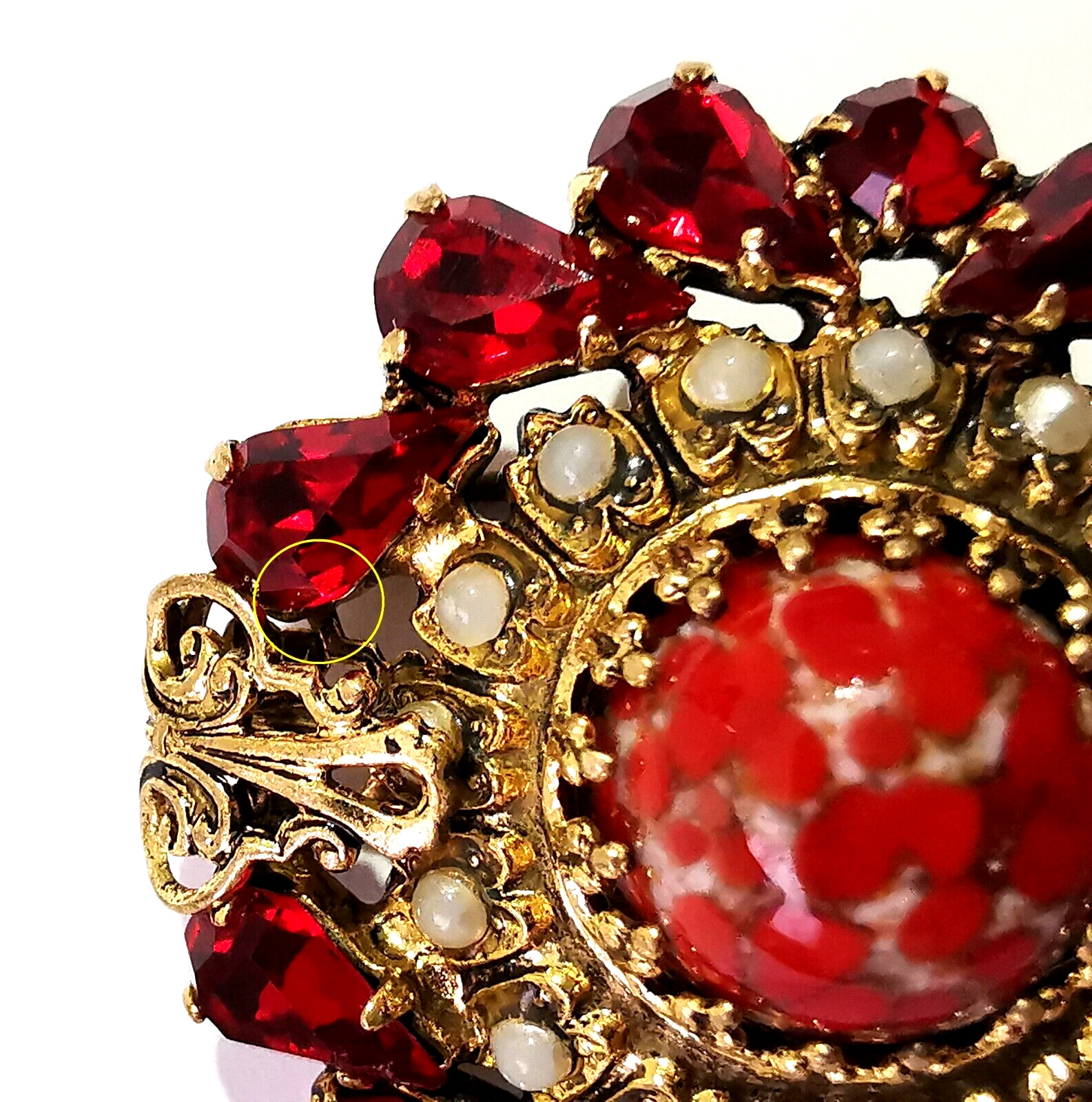 Vintage Czech Red Glass Brooch Pin Gilded Brass Faux Pearls Central Art Glass