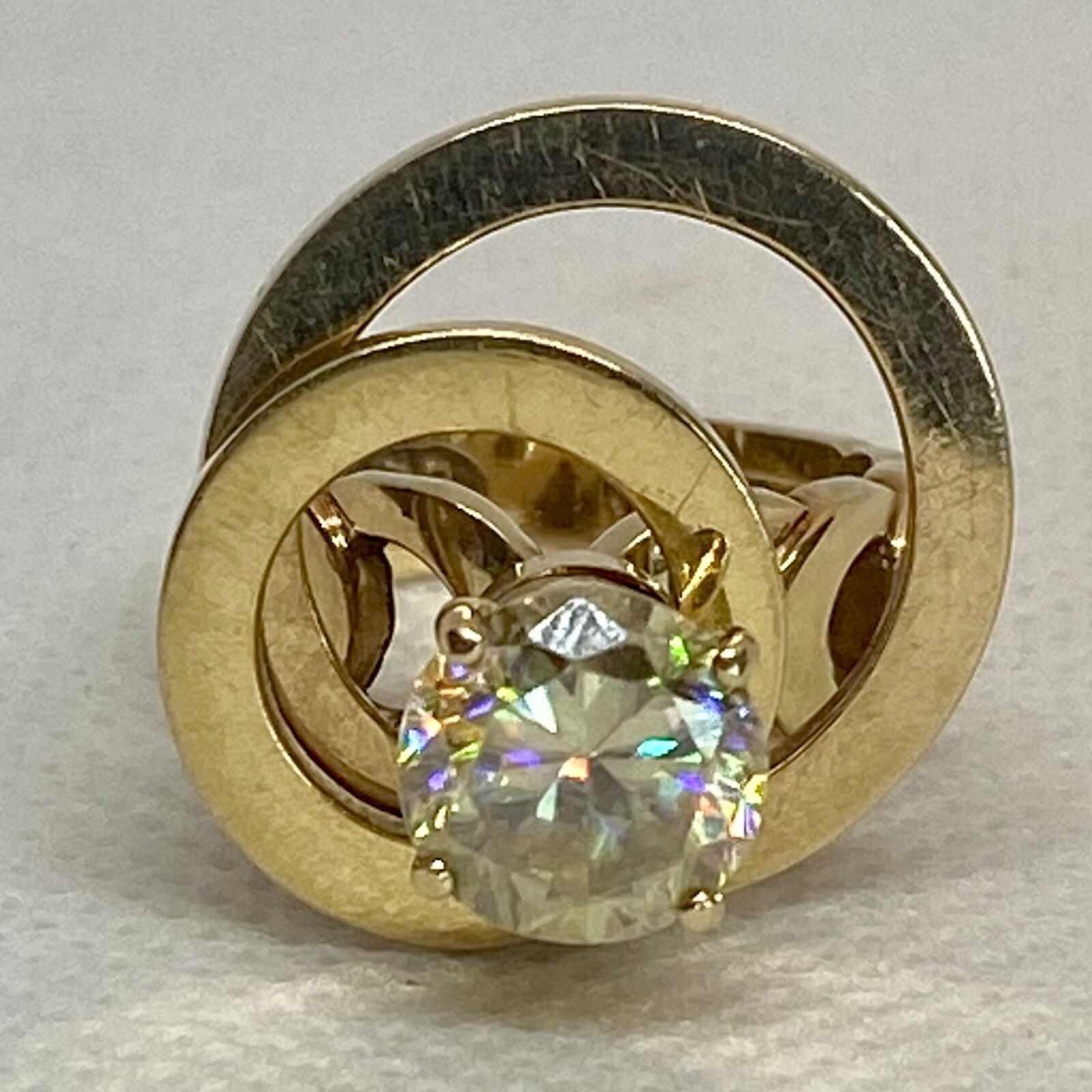 Vintage Norman Teufel 14 Karat Gold & Simulated Diamond Spinner Ring, circa 1972