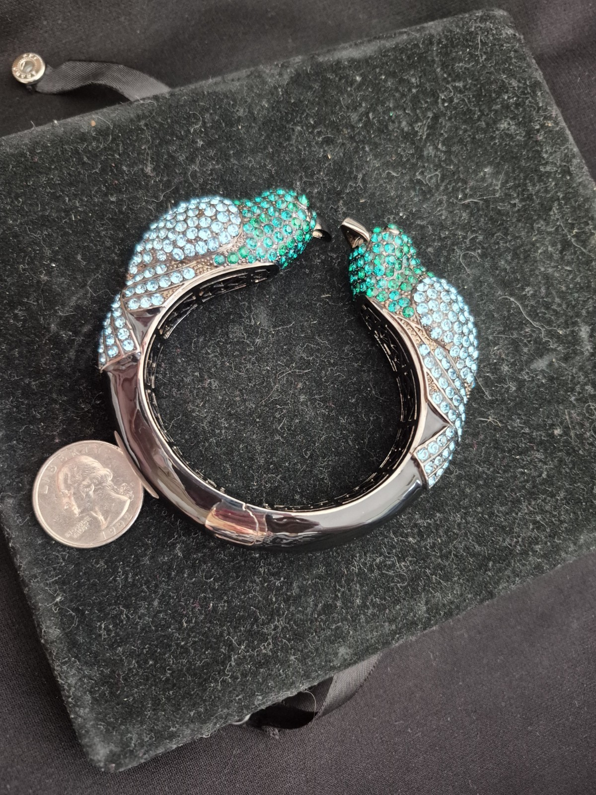 BLACK ENAMEL BLUE GREEN PAVE RHINESTONE PARROT BIRD BRACELET SIGNED