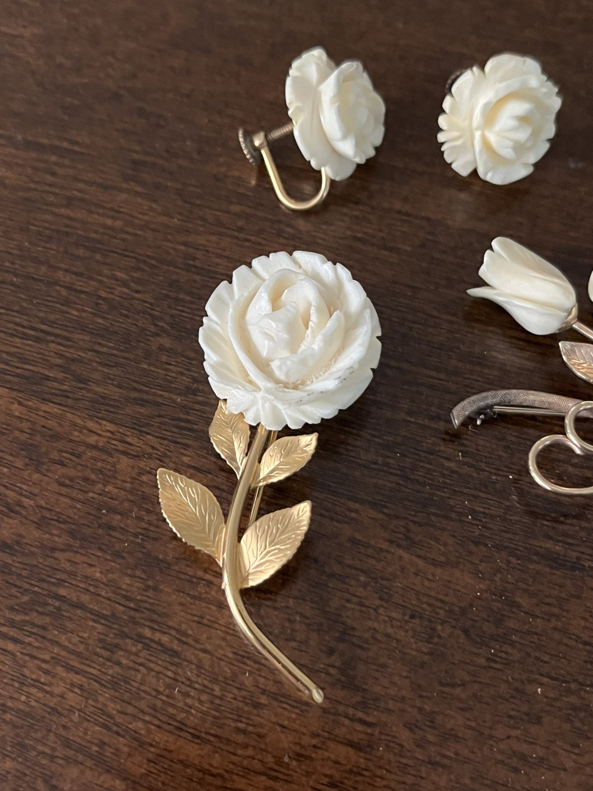 White Faux Ivory And Gold Rose Earrings And (2) Brooch Set
