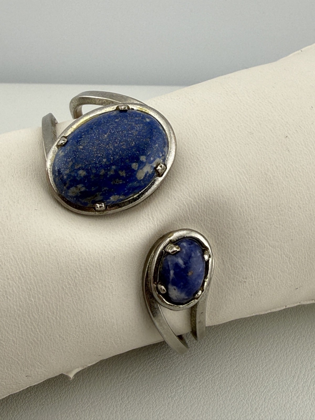 Vintage Cuff Bracelet Oval Blue Stone Cabochons Hinged Boho Classic