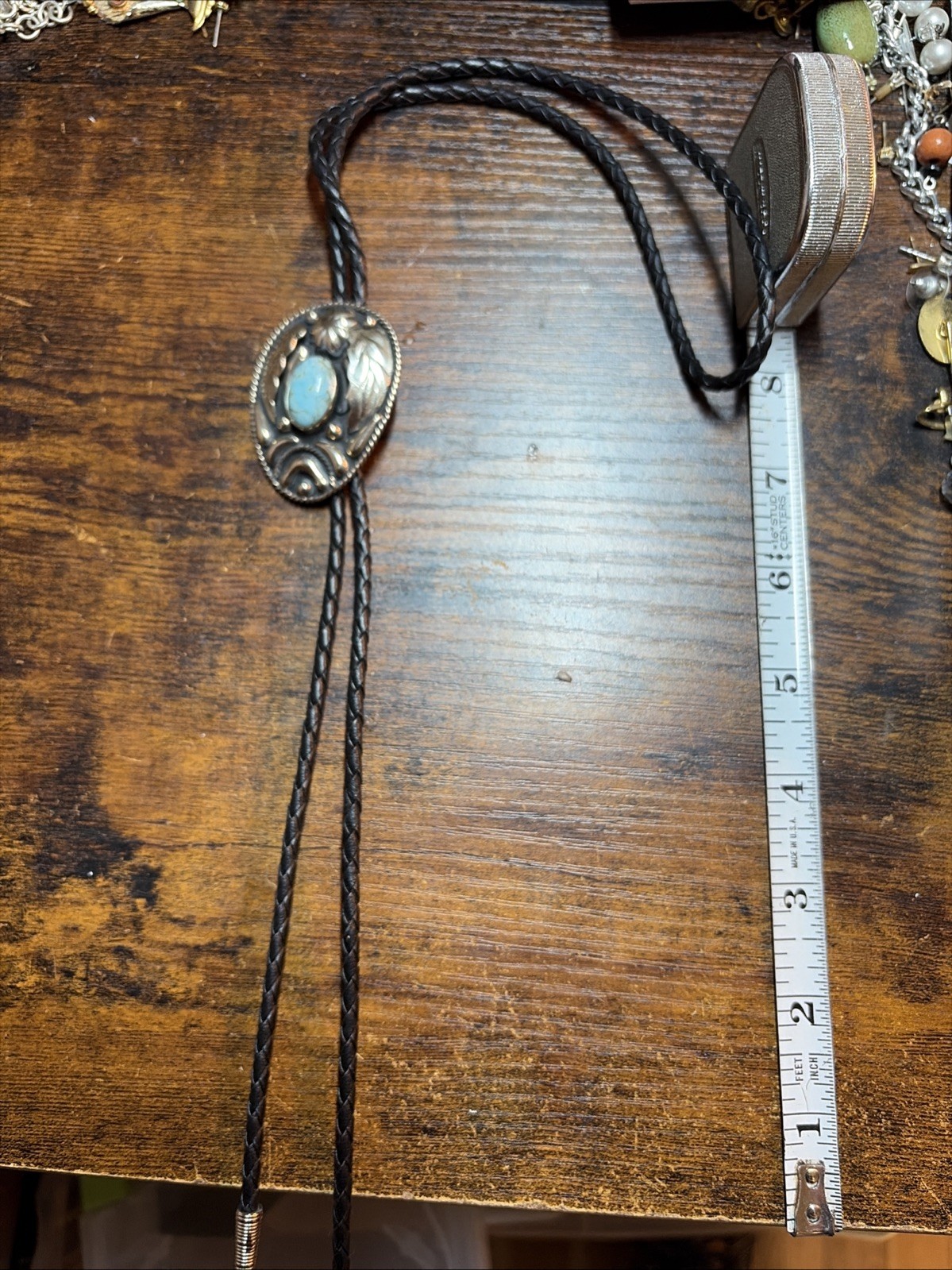 Vintage Alpaca Mexico Cowboy Cowgirl Bolo Tie Necklace Turquoise Western 17-18”