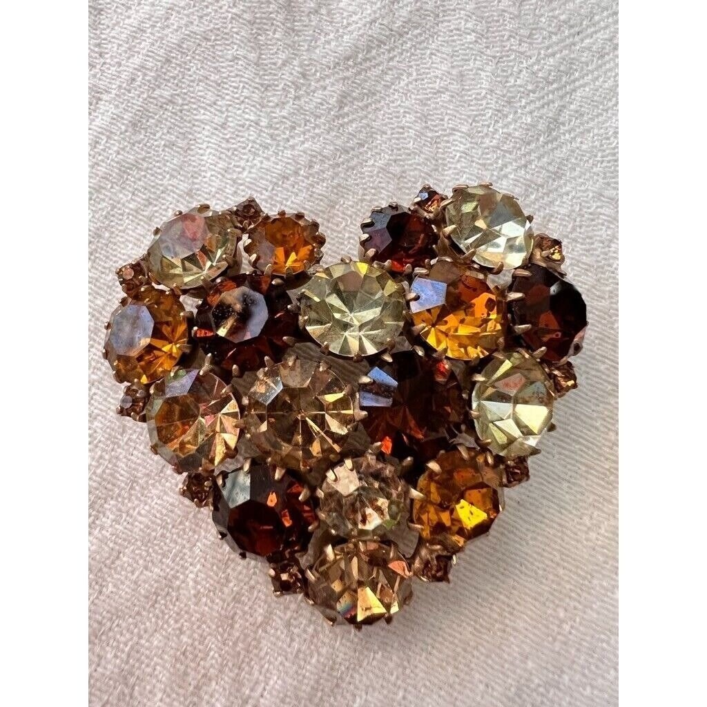 Vintage Austrian Crystal Pin Heart Shape Round Faceted Karu Arke Silver Toned