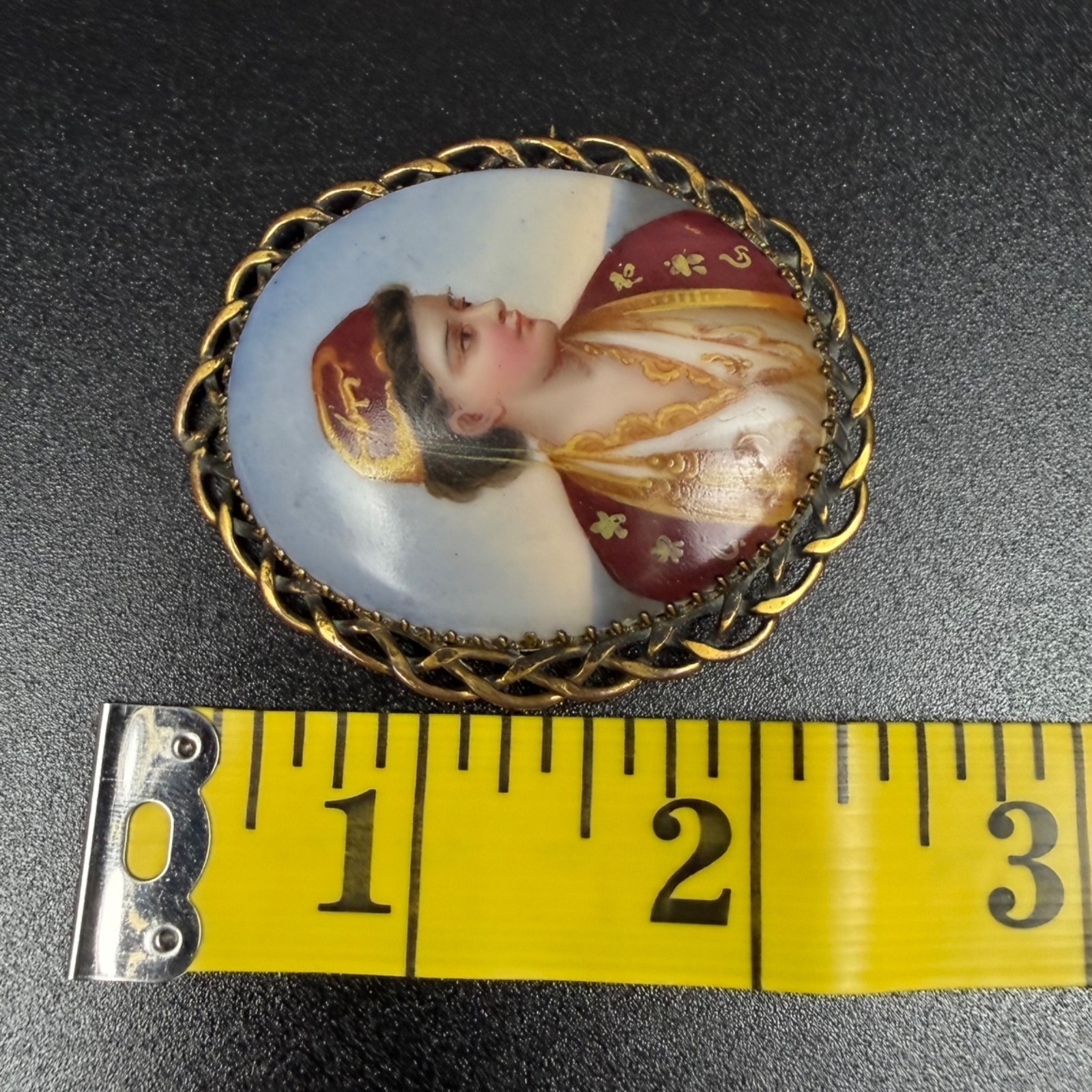 Antique Hand Painted Porcelain Portrait Brooch Woman Greek Ottoman Costume