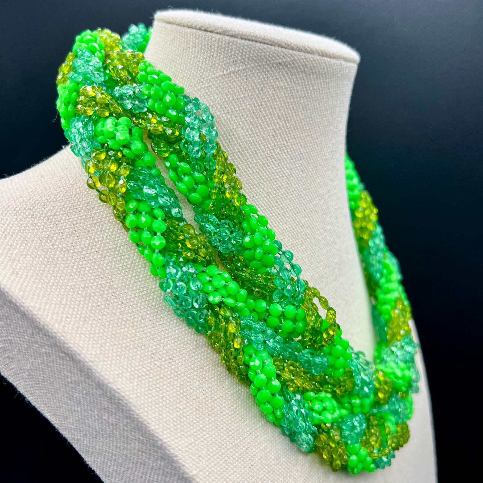 Vintage Bright Green Opera Length Necklace Torsade Twisted Beaded Statement