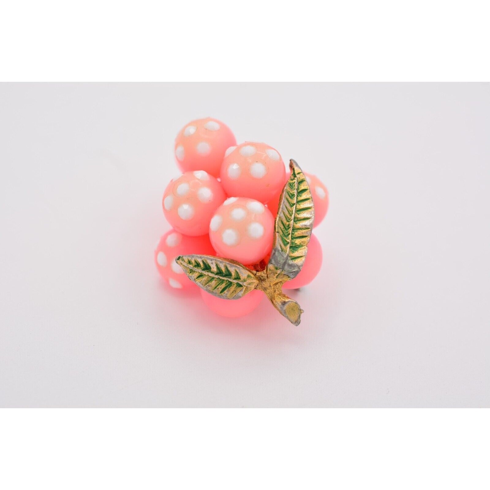 Vintage Glass Grapes Pin Brooch Pink White Polka Dot Crystal Antique 1960s BinAJ