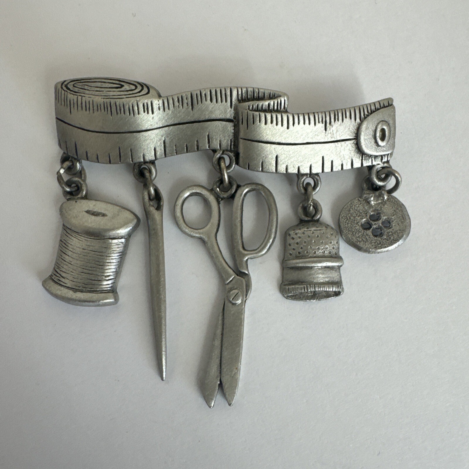 JJ Sewing Brooch Pewter Tape Measure With 5 Dangles