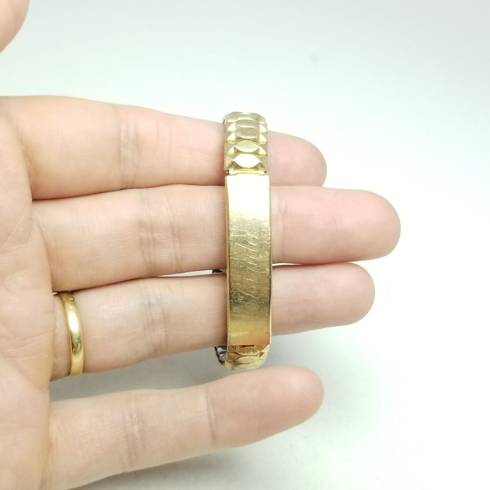 Vintage Engraved ID Bracelet, Linda Love Jim Gold Tone Stretch Band Bangle
