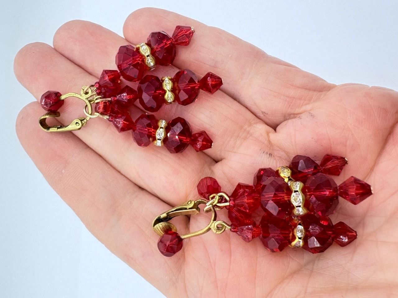 2 Pc Matching Set Signed Anka Ruby-Red Beaded Rhinestone Necklace & Earrings