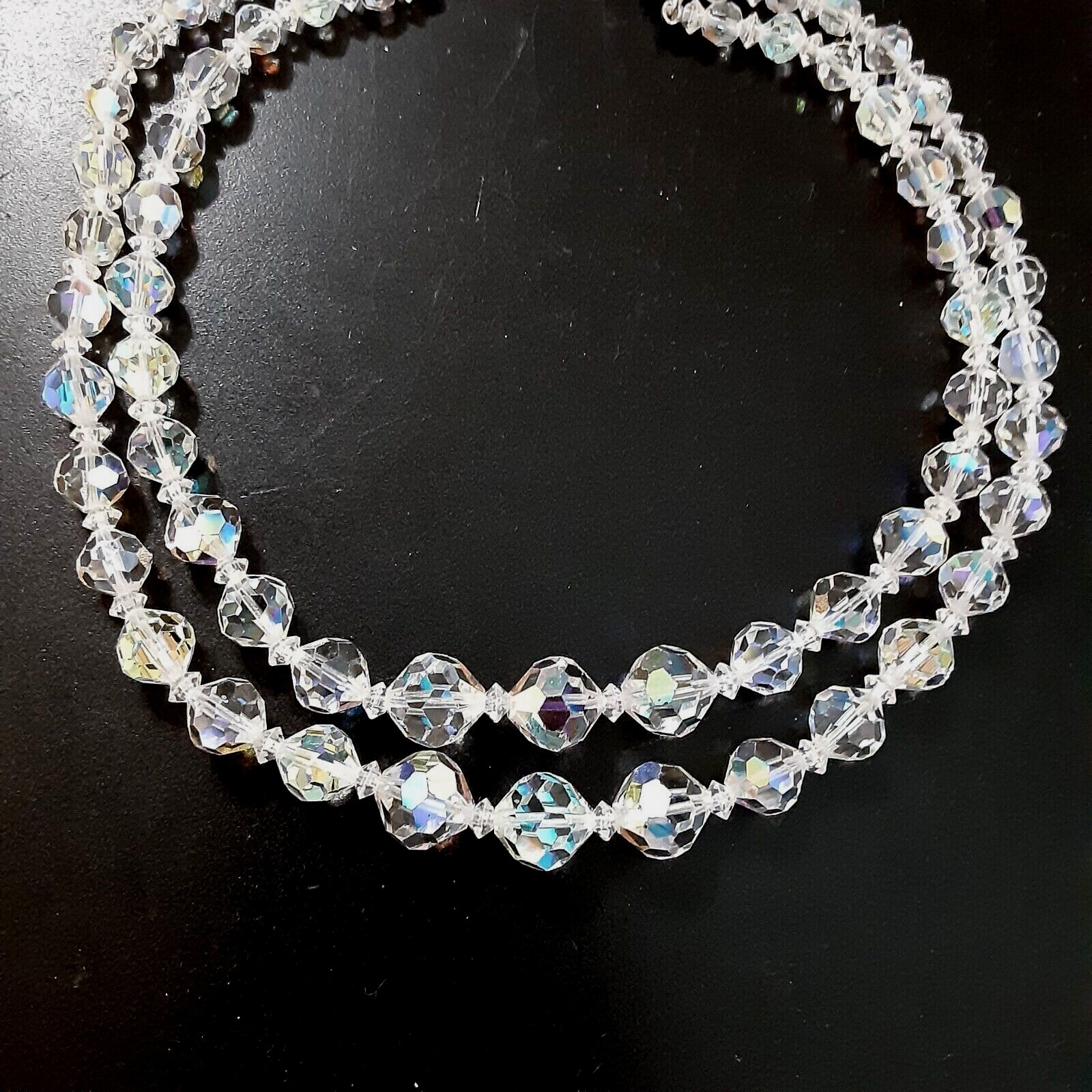 Vintage Clear Crystal Bead Necklace Double Strand 6-12mm 14*16.5 in