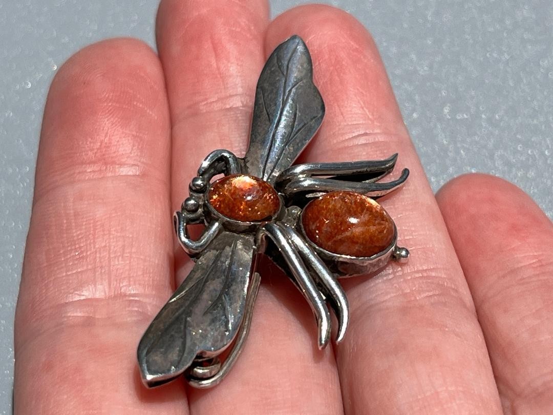 Vintage 925 Sterling Silver Orange Sunstone Fly Bug Insect Brooch Pin Figural 3D