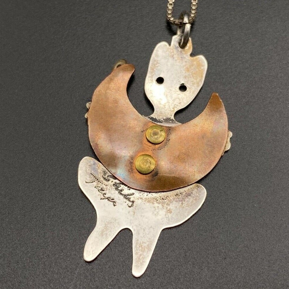 Vintage Dancing Cat Ballet Mixed Metal Sterling Silver Copper Wing Pendant