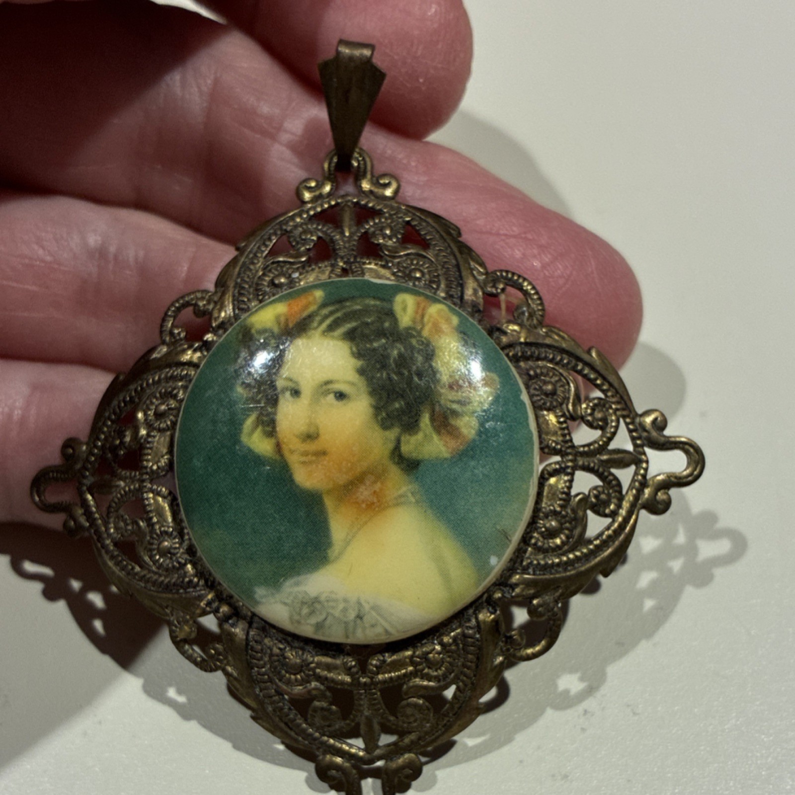 Vintage Brass Filigree Oval Portrait Pendant Gold Tone Art Beauty