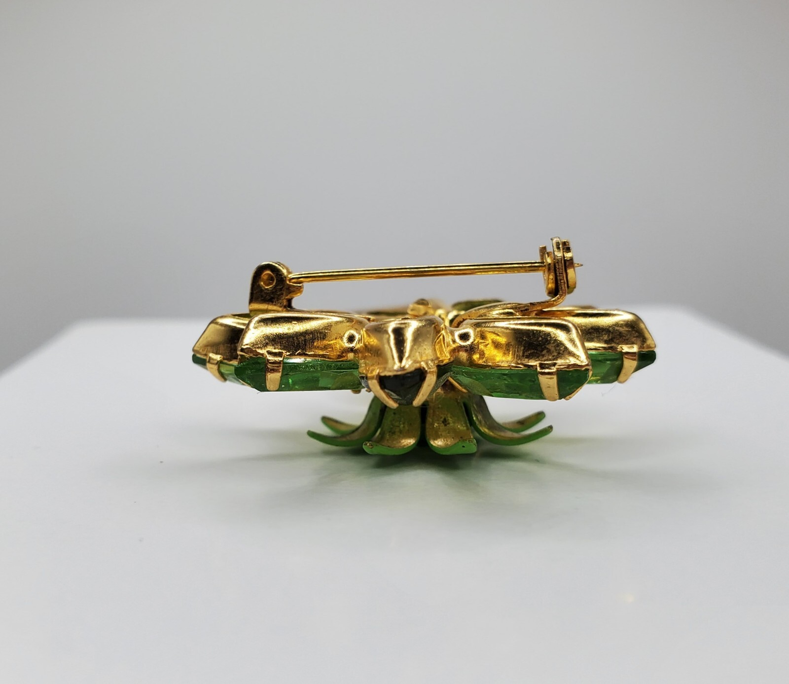 Vintage Adorable Open Back Green Glass , Rhinestones & Enamel Flower Brooch