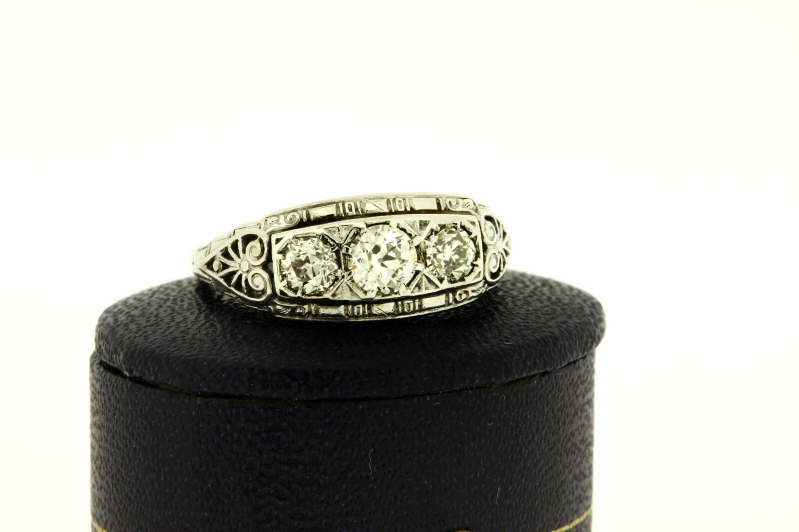 1 Ctw White Round Cut CZ & Three Stone Antique Style Art Deco Ring In 925 Silver