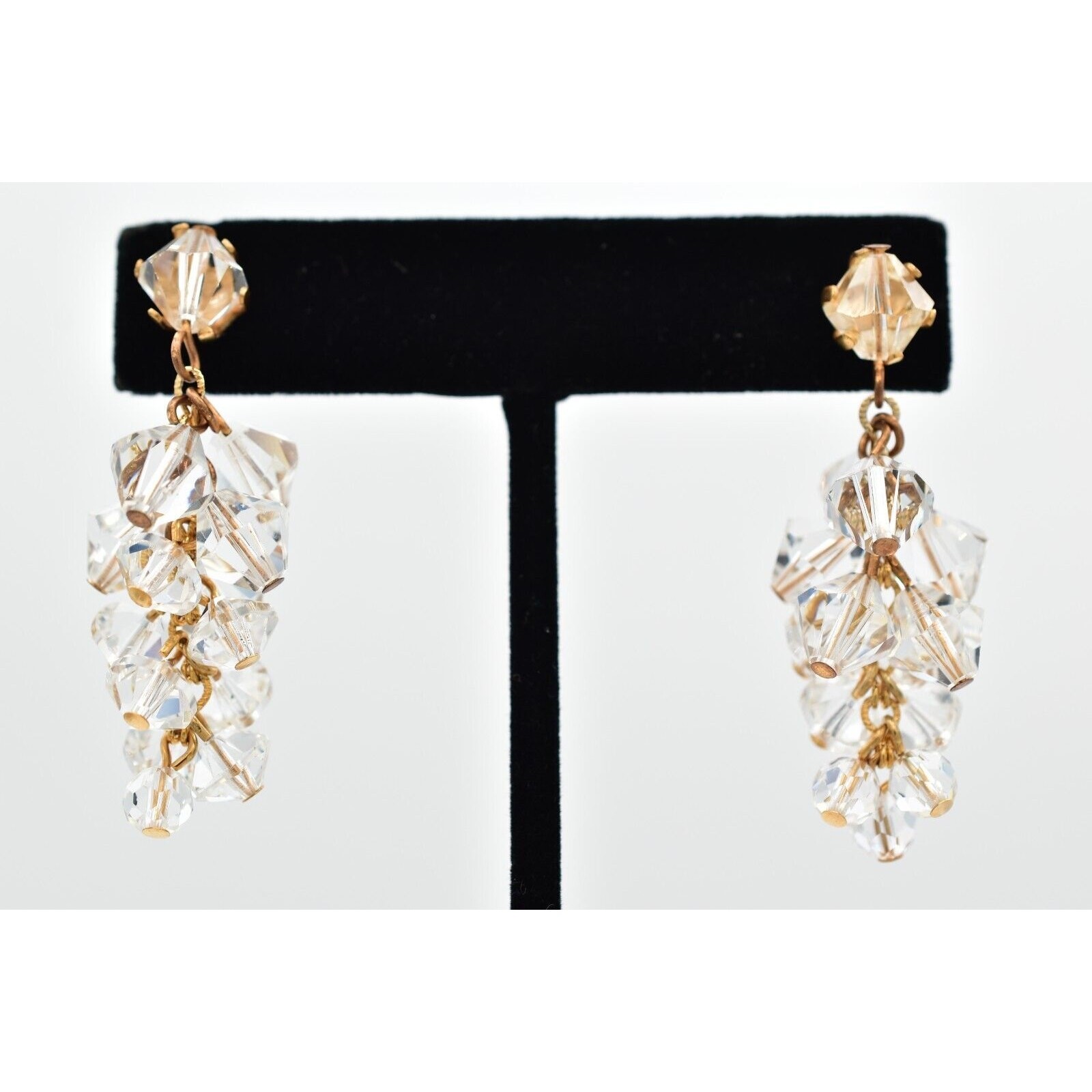 Vintage Clear Austrian Crystal Earrings Dangle Cluster Chain Drop Glam 1950s A24