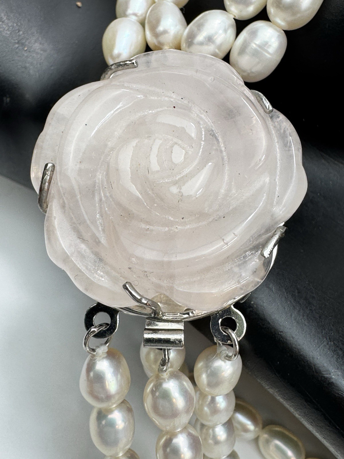 Stunning Freshwater Pearl Necklace White & Chocolate Baroque Rose Quartz Clasp